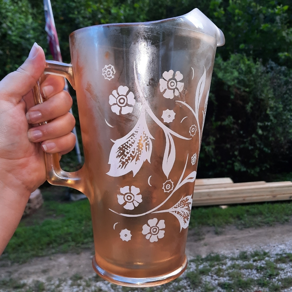 ~{Vintage}~ 1970's vintage amber colored floral print glass pitcher.